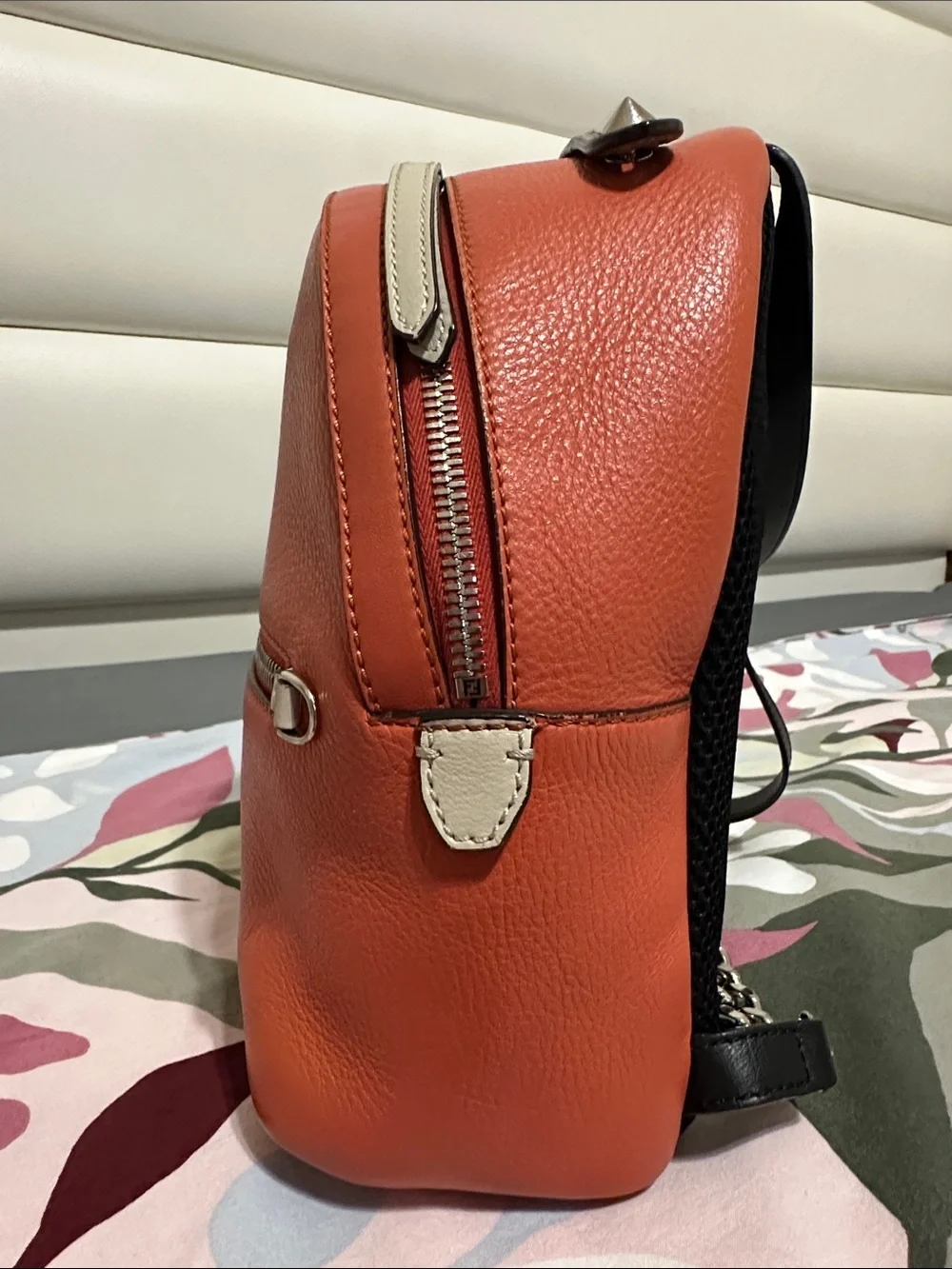 Fendi Orange Leather Mini Backpack with Contrast Beige Trim